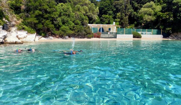 Family snorkeling during a private half day cruise in Paleros