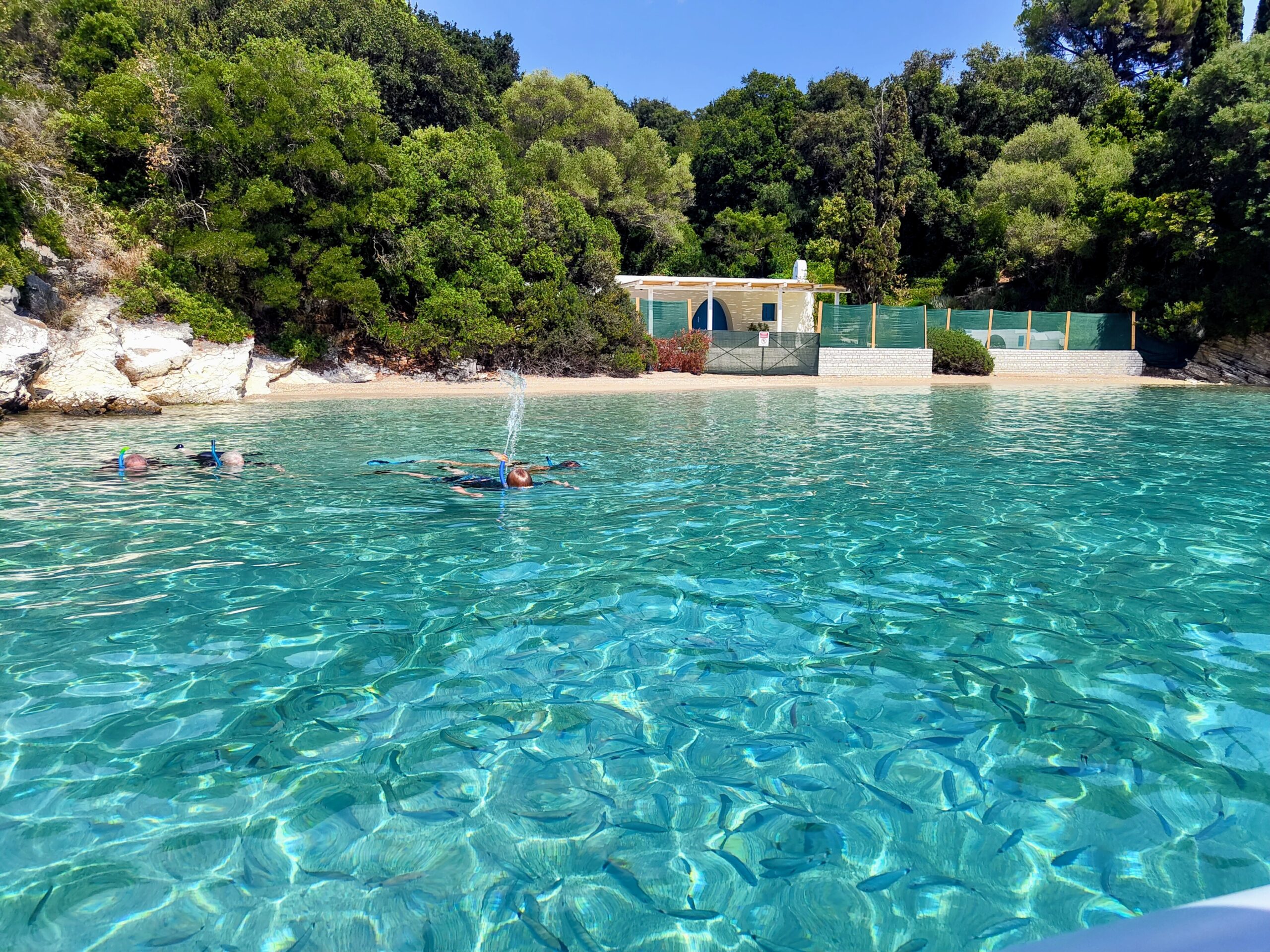 Family snorkeling during a private half day cruise in Paleros